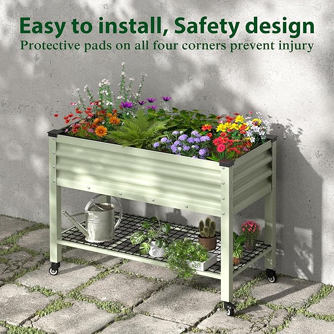 MUPATER 48 L x 24 W x 34 H Galvanized Steel Raised Garden Bed 507lbs Capacity Large Metal Elevated Raised Planter Box with Rolling Casters &amp Extra Bottom Shelf for Patio Balcony Beige