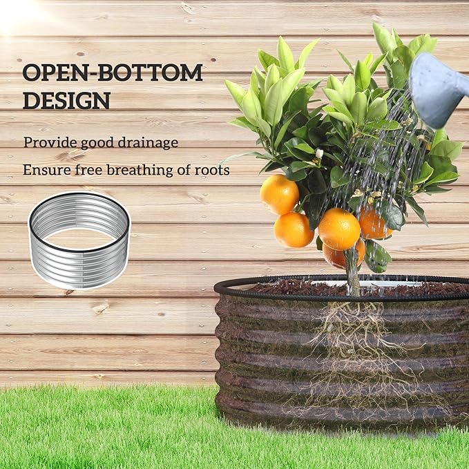 2-Piece Galvanized Raised Beds 35.4in Dia x 16.9in H – Heavy-Duty Steel Weatherproof Open-Bottom Rubberized Top Edge Silver