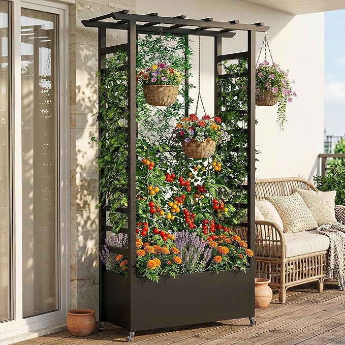 74 Mobile Planter with TrellisWeatherproof Vertical Raise Garden Bed with Trellis &amp Hanging Roof for Climbing PlantsFlowersVegetablesRust-Proof Metal Privacy Planter for Patio (Black-A)