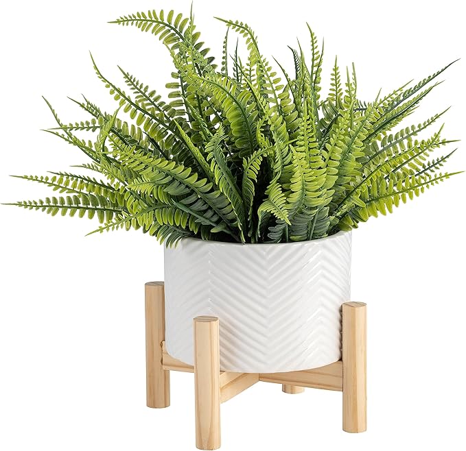 6 Ceramic Planter W Wood Stand White