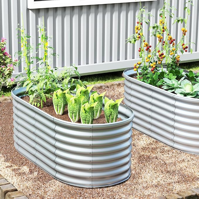 Giantex 5x3x2ft Raised Garden Bed Large Metal Elevated Oval Planter Bed 193 Gallon Capacity Outdoor Planting Garden Box for Vegetable Flower Herb Grow (Grey)