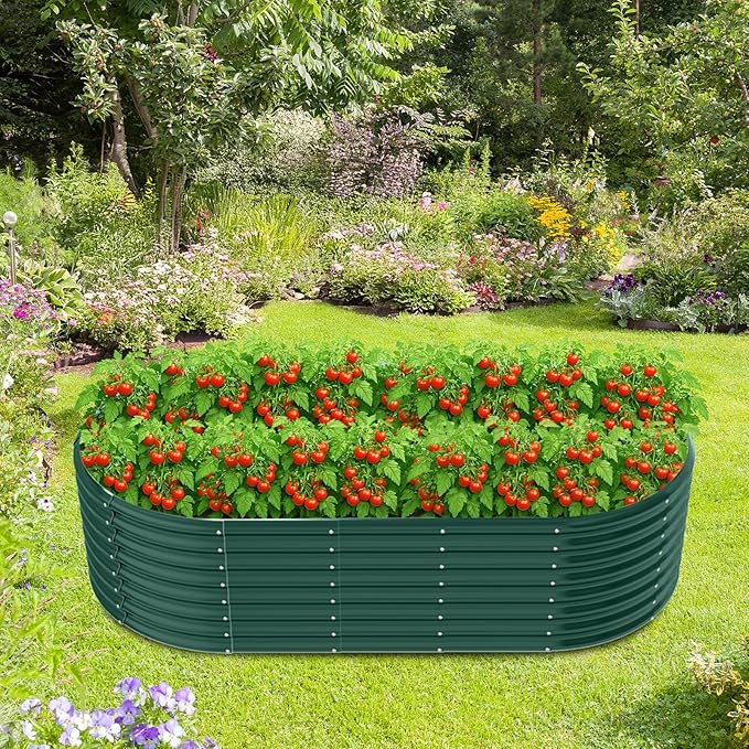 Raised Garden Bed1 Pack 8x4x2FT Galvanized Raised Garden Bed Kit Oval Metal Ground Planter Box Outdoor Bottomless Planter Raised Beds for Vegetables Flowers Herbs Fruits Green
