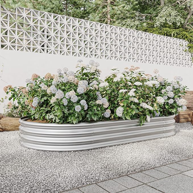 Garden Raised Bed Outdoor Oval Large Metal Planter Bed 89 L x 45 W x 11.5 H Silver Galvanized Metal