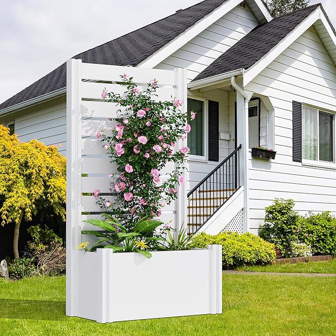 Casaphoria Raised Garden Bed with Trellis 59x30x12 Planter Box with Open Bottom for Gardening Vegetables &amp Vines and Climbing Plants White