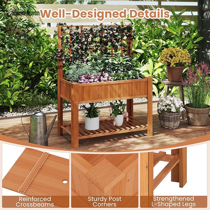 Raised Garden Bed Wooden Elevated Planter with Trellis &amp Storage Shelf All-in-One Planter for Patio Yard Balcony Outdoor Garden Enthusiasts Brown
