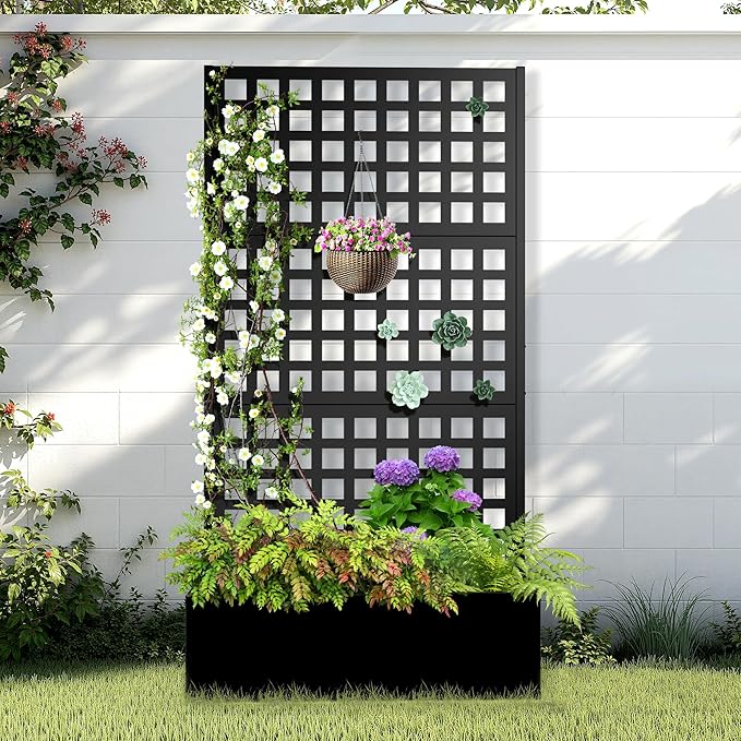 Metal Raised Garden Bed with Trellis 2 in 1 Trellis with Planter Box &amp Privacy Screen for Climbing Plants Vine Outdoor Standing Flower Beds with Drainage Holes 35.4 L x 16.7 W x 70.8 H Bla