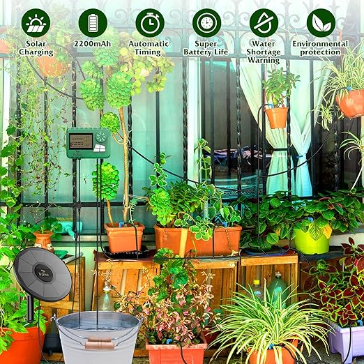 Solar Irrigation System Kit with Automatic Watering Computer Drip Irrigation for Garden Balcony Greenhouse Supports 15 Potted Plants 15 Meter Hose