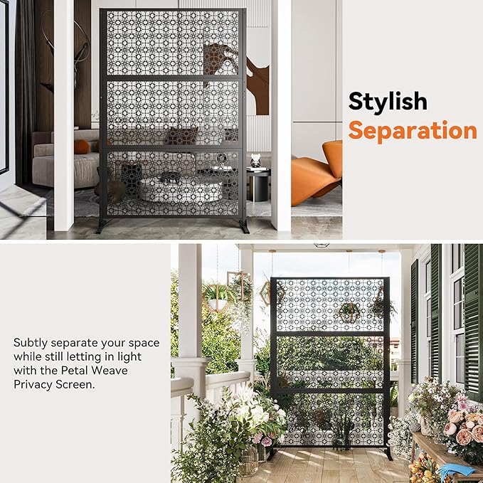 Modern Shade 4x6 FT Metal Privacy Screen with Artistic Modular Designs Decorative Patio Privacy Fence &amp Garden Divider Freestanding Outdoor Metal Fence Panel Weather-Resistant (Petal Weave)