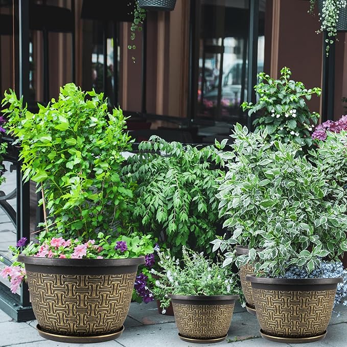 4 Pack 16 Inch PlanterLarge Plastic Flower Pots Outdoor Indoor with Drainage Holes &amp Trays Retro Antique Imitation Decorative Garden Plant Pots Outdoor for Houseplants