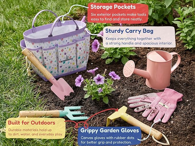 Gardening Set Tool Kit for Kids STEM Includes Tote Bag Spade Watering Can Rake Fork Trowel and Gloves Egg Hunt