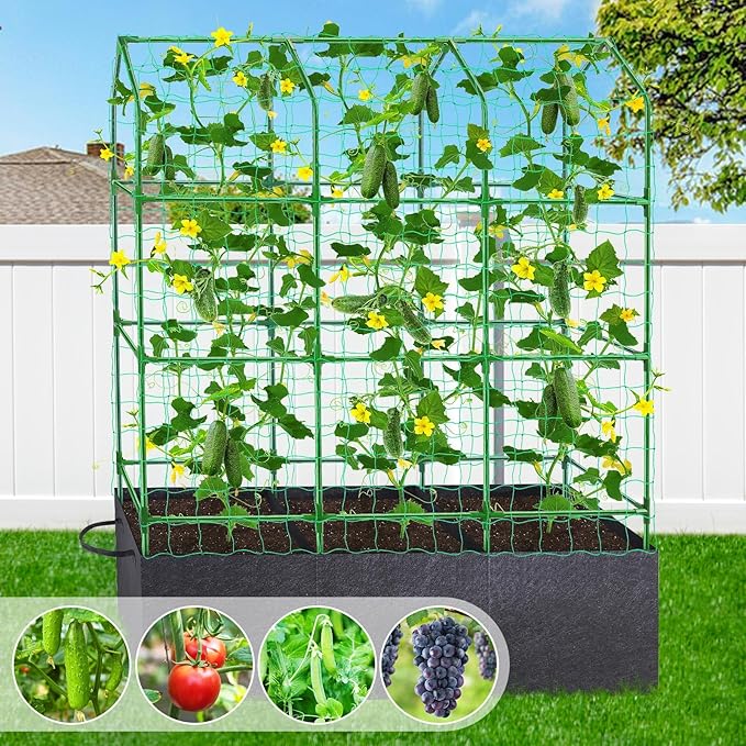 50x65x18 Inch Cucumber Trellis for Raised Bed - with 46 Gallon Grow Bags Garden Trellis for Climbing Plants Outdoor with Climbing Net and Plant Support for Cucumber Tomato Vegetable Grape Vine