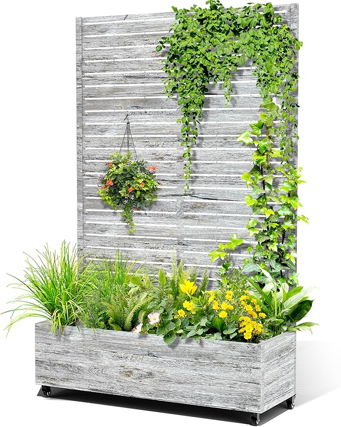 Metal Raised Garden Bed with Trellis 2-in-1 Planter Box &amp Privacy Screen for Climbing Plants Outdoor Standing Flower Bed with Drainage Holes 47.2 L x 16.7 W x 70.8 H White Oak Grain