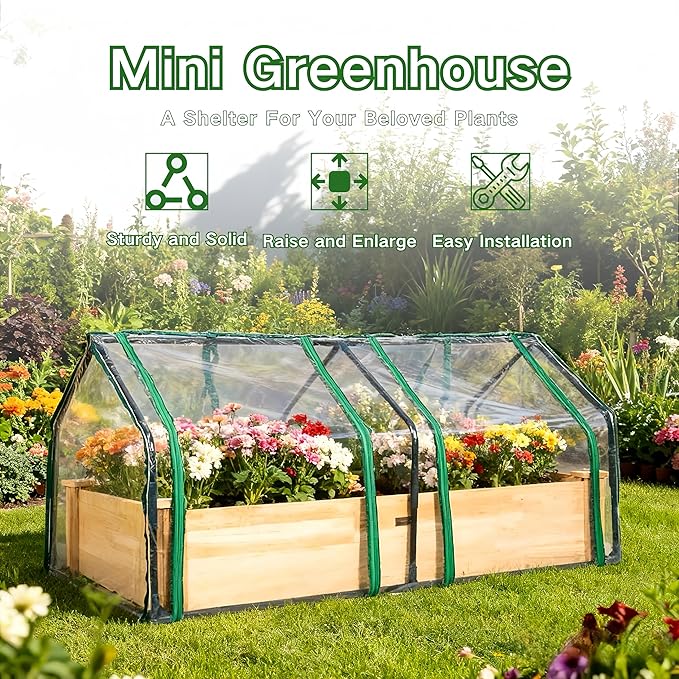 4x2ft Raised Garden Bed with Greenhouse CoverWooden Planter Box with Clear PVC Cover &amp Dual Roll-Up WindowsOutdoor Elevated Garden Box for Vegetables/Herbs/FlowersPatioBalconyBackyard
