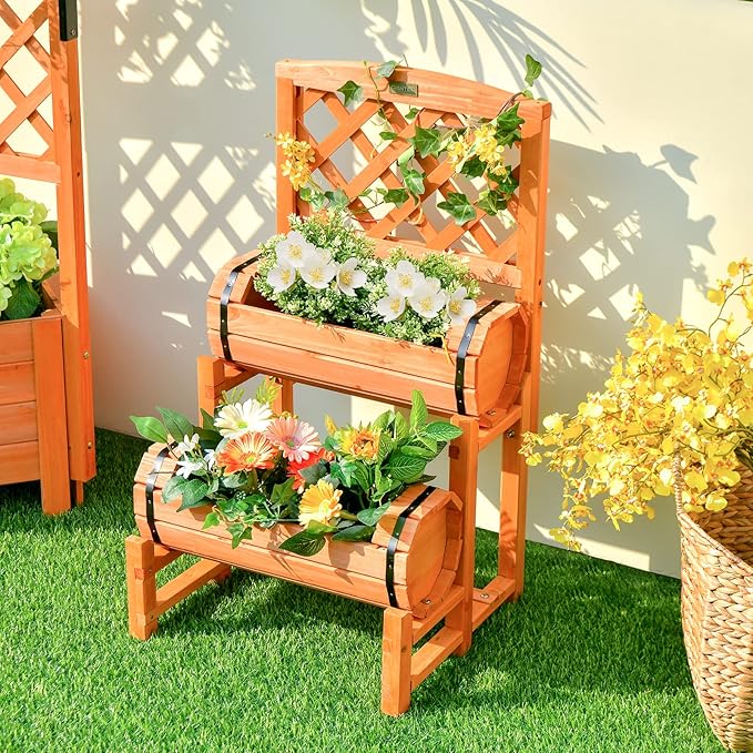 Giantex Raised Garden Bed with 2 Barrel Planters &amp Trellis 2-Tier Freestanding Wooden Raised Bed for Vegetable Flower Fruit Indoor Outdoor Plant Box for Garden Yard Balcony