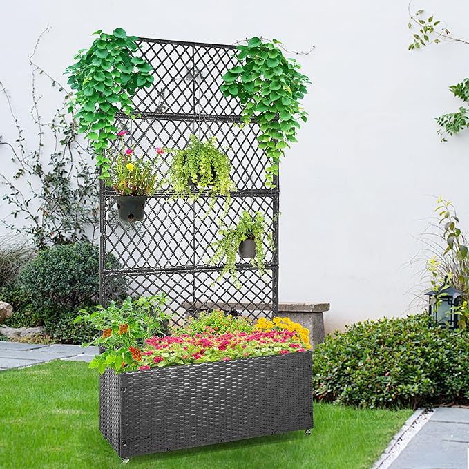 GENMOUS 72in/5.9ft Metal Raised Garden Bed with Trellis Planter Box Trellis with Wheels for Vine Climbing Plants Trellis with Drainage Holes for Flowers Vegetables in Garden Patio Balcony （Black）