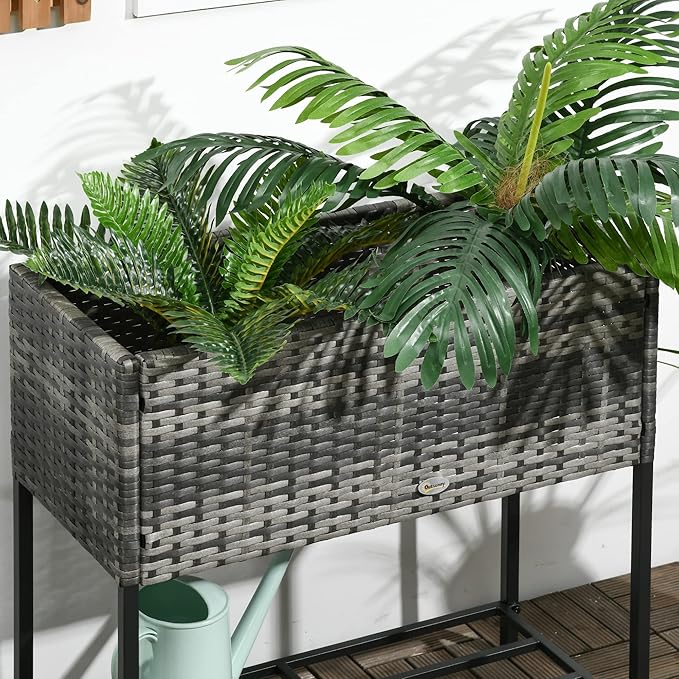 Raised Garden Bed Elevated Planter Box with Rattan Wicker Look Tool Storage Shelf Portable for Herbs Vegetables Flowers Gray
