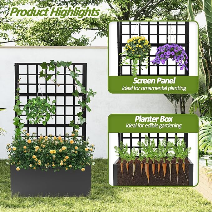 Metal Planter Box with Trellis - 63*31.5*15.8 Plastic-Coated Rustproof Trellis Planter Raised Garden Bed with Trellis Privacy Screen with Planter Box for Garden Balcony Patio