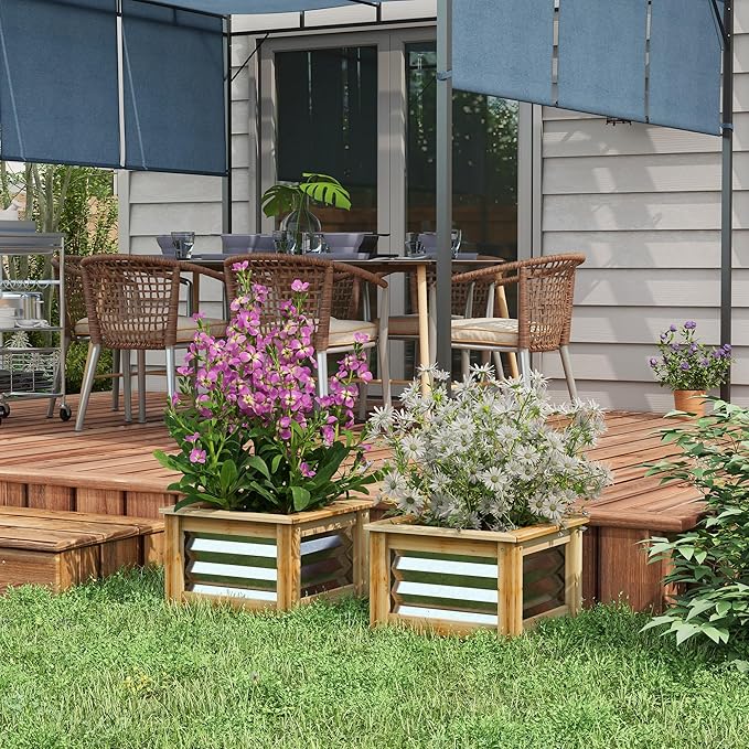 Raised Garden Bed Set of 2 Outdoor Galvanized Metal Planter Box Reinforced with Wood Stock Tanks for Growing Flowers Herbs Vegetables - Self-Draining 17.75 L x 17.75 W x 11.75 H