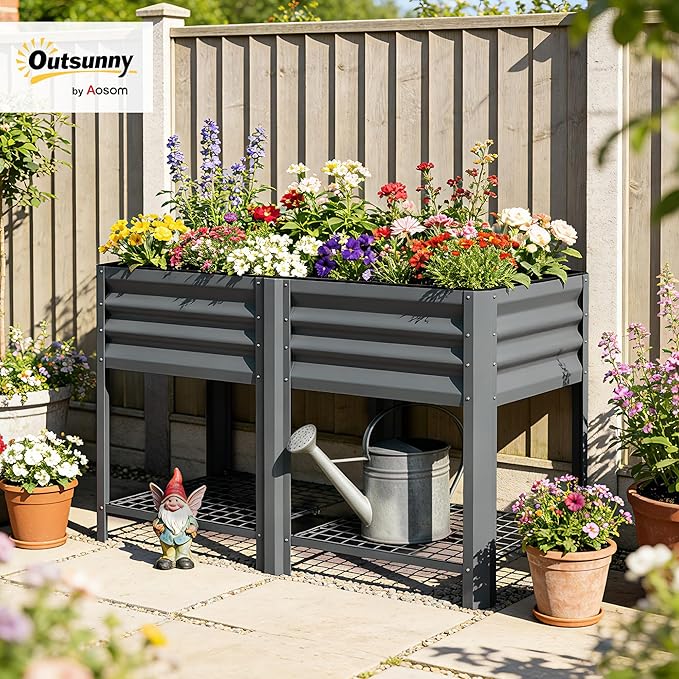 Outsunny Galvanized Steel Raised Garden Bed with Storage Shelf and Bed Liner Elevated Planter Box with Legs for Flowers Vegetables and Herbs for Outdoor Patio Yard Glove Included Dark Gray