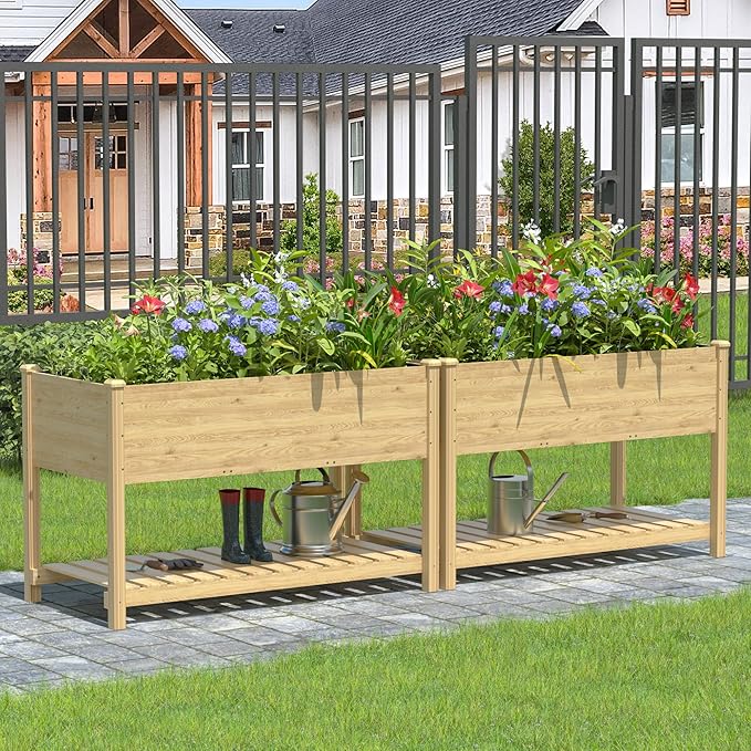 Kullavik 2 pcs Raised Garden Bed with LegsOutdoor Elevated Cedar Wood Planter Box with Storage Shelf for Vegetables/Flowers/Herbs in Balcony/Backyard/Patio220lb Capacity-Natural