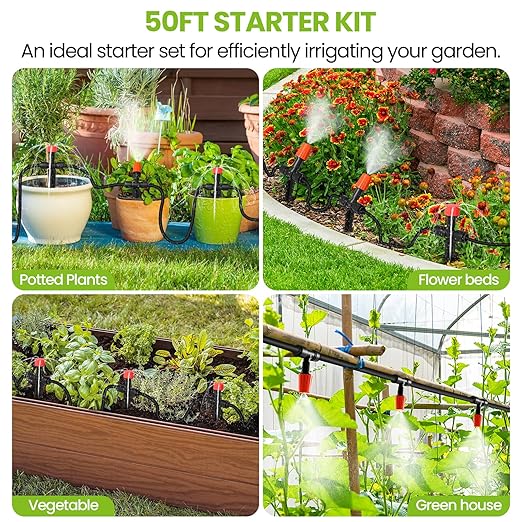 MIXC Drip Irrigation System 50 FT Quick Connector Garden Watering System Automatic Sprinkler Kit for Lawn Raised Bed Outdoor Plants Greenhouse with 1/4'' Tubing Drip Emitters Misting Nozzles