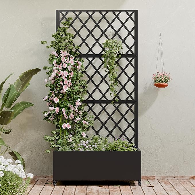 Casaphoria Metal Raised Garden Bed with Trellis and Wheels 72x35x16 Planter Box for Climbing Plants Vegetables &amp Vines Features Drainage Holes and Privacy Screen (Black-Rhombus)