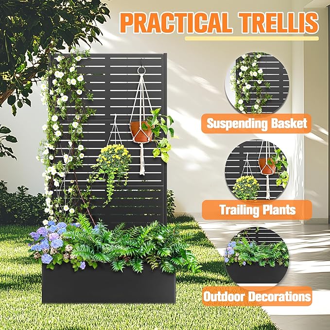 Metal Planter Box with Trellis Raised Garder Bed with Drainage Hole Privacy Screen &amp Trellis for Climbing Plants Outdoor Plant Stands 35''L×16''W×71''H Black