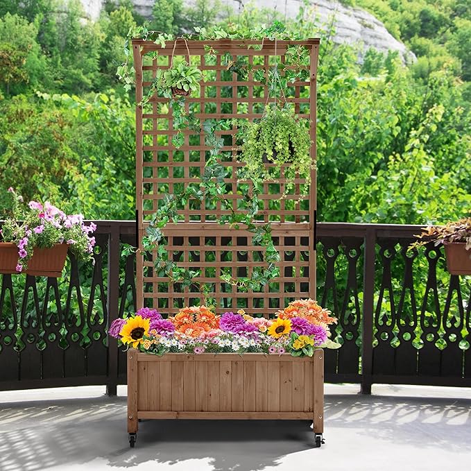 Topeakmart Garden Flower Box for Vine Climbing Plants Standing Vertical Planter Box Wooden Raised Plant Bed Vertical Garden Planter Bed for Yard/Patio/Backyard Dark Brown 35.5″ L × 18″ W × 72″ H
