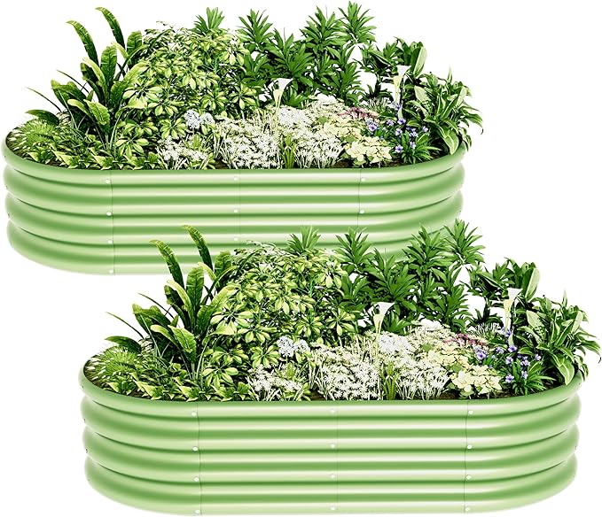 4x2x1ft-2pcs-Oval Raised Garden Bed Kit Galvanized Planter Garden Boxes Outdoor Metal Raised Garden Beds for VegetablesFruits FlowerGreen