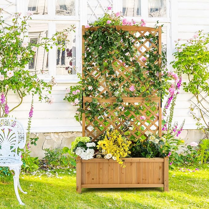 HAPPYGRILL 2 Pcs Raised Garden Bed 71 Wooden Planter Box with Trellis Drainage Holes Freestanding Elevated Garden Bed for Vine Climbing Plants (Yellow)