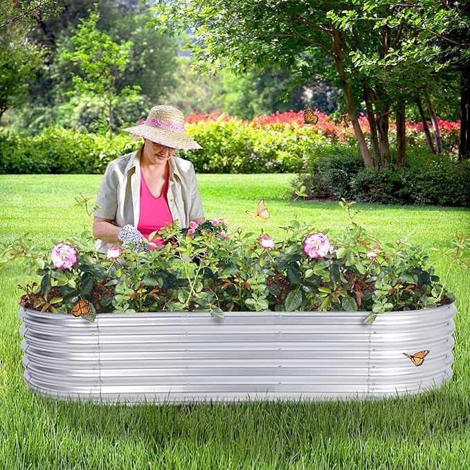 Aoodor Galvanized Raised Garden Bed Kit 6.6 x 2.6 x 1.4 Ft Oval Planter Box for Vegetables Flowers and Herbs Outdoor Use Silver
