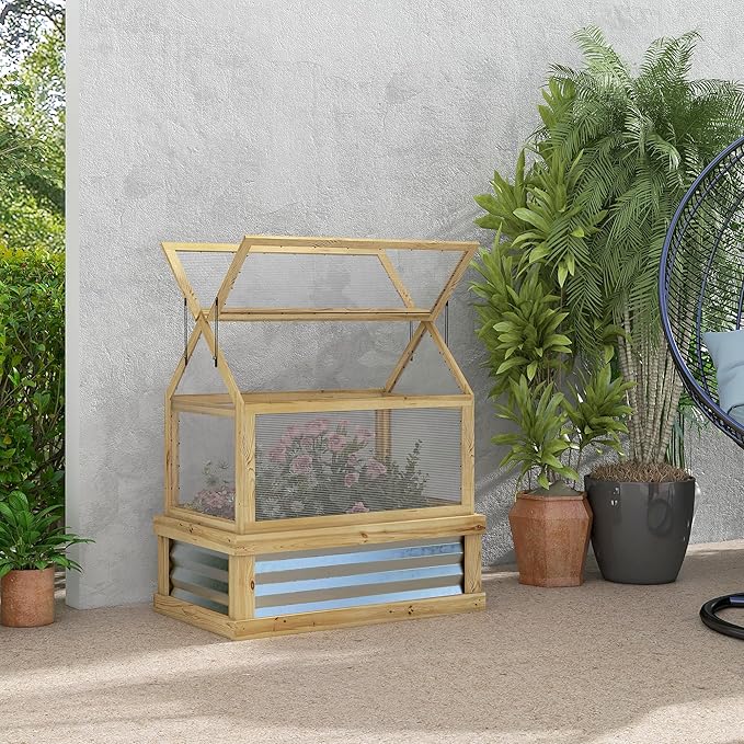 Raised Garden Bed with Polycarbonate Greenhouse Wooden Cold e Greenhouse GFlower Planter Protection Peak Roof 35.5 x 22.5 x 38.25 Natural