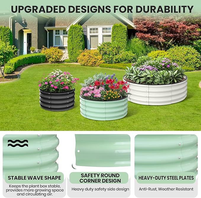 2 - Pack Round Galvanized Raised Garden Bed - 2FT/3FT/4FT Sizes - Outdoor Flower &amp Vegetable Bed - Heavy - Duty &amp Open - Bottom Design (3x3FT)