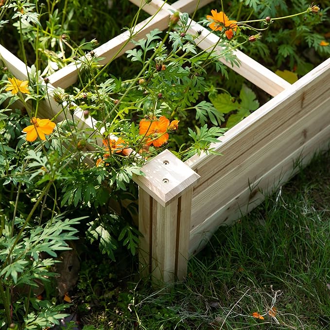 Raised Garden Bed Kit 4' x 4' Outdoor Wooden Planter Box with 9 Growing Grids for Plants and Herbs