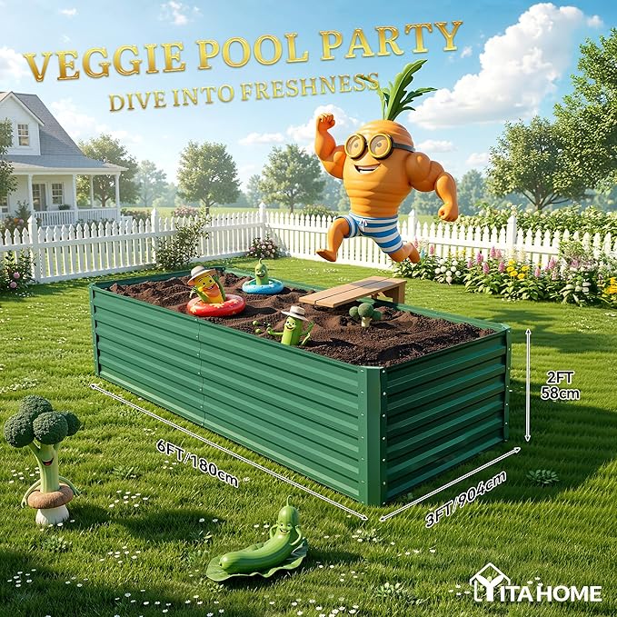 YITAHOME 6pcs 6x3x2 ft Galvanized Raised Garden Bed Kit Large Metal Planter Box with Gloves &amp Support Rod Outdoor Flower Bed for Plants Vegetables Green