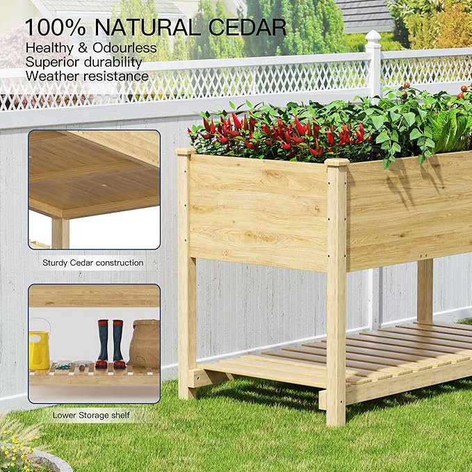 Kullavik 4 pcs Raised Garden Bed with LegsOutdoor Elevated Cedar Wood Planter Box with Storage Shelf for Vegetables/Flowers/Herbs in Balcony/Backyard/Patio220lb Capacity-Natural
