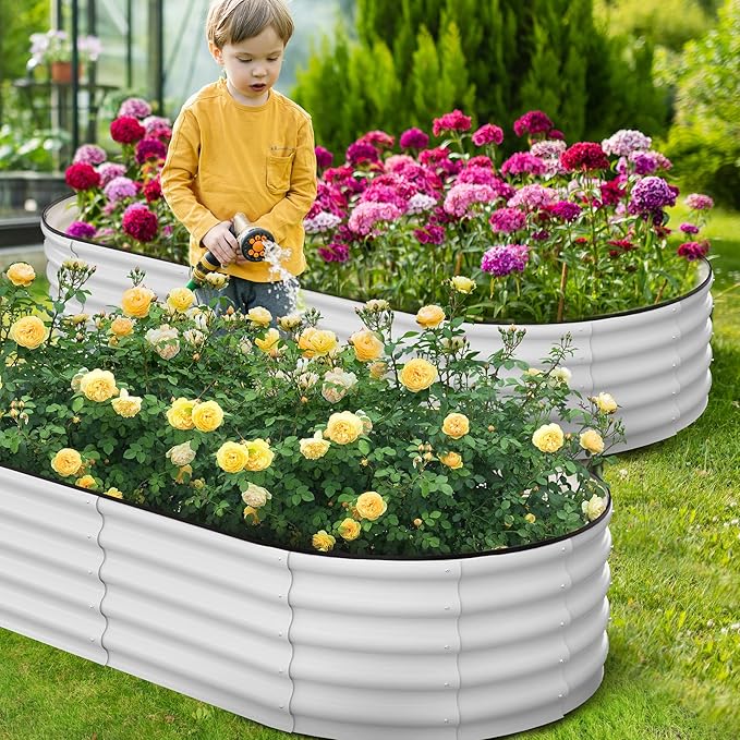 8x2x1 FT Galvanized Raised Beds for Outdoor Oval Raised Garden Bed with Open Base Tool-Free Assembly Planter Raised Boxes for Outdoor Vegetables &amp Flowers White