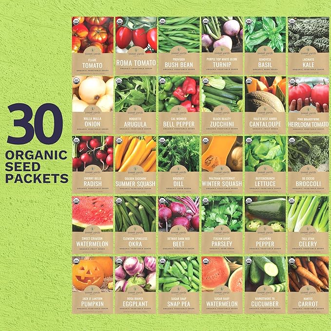 Organic Seeds Gardener Variety Pack - 30 Individual Packs - 2026 Season - Arugula Basil Winter Squash Nantes Carrots and More! for Indoor &amp Outdoor Planting (Non-GMO Certified Organic)