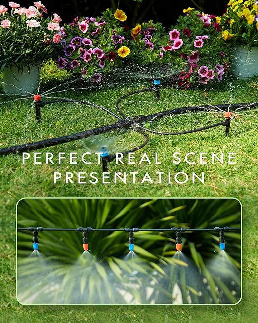 240FT Drip Irrigation System Kits - Automatic Garden Watering Sprinkler with 1/2 &amp 1/4 inch Tubing Hose Patio Misting Plant Irrigation Water Equipment Quick Connector for Greenhouse Flower Beds La