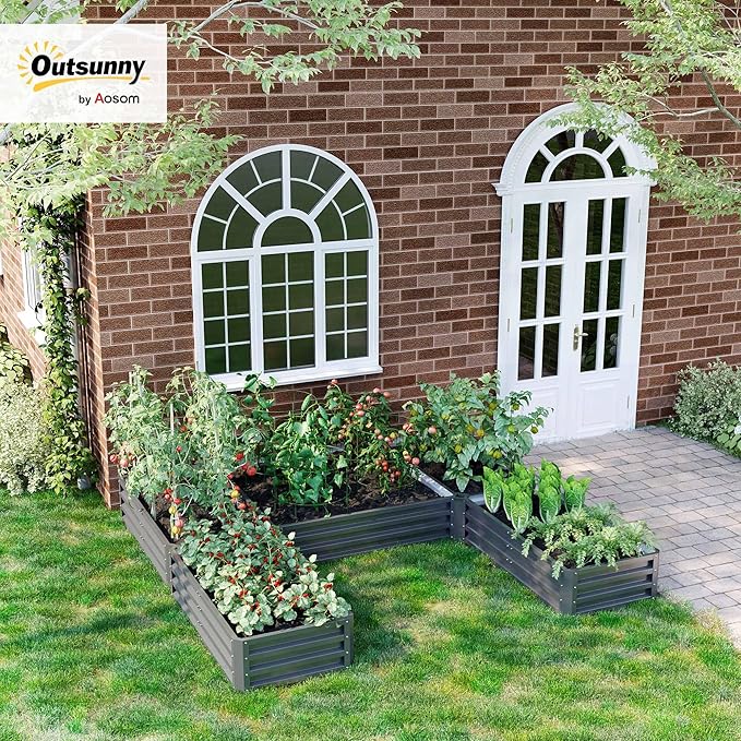 Outsunny 8 x 8' Raised Garden Bed Set Large Steel Flower Planters for Outdoor Plants Easy Assembly for Vegetables Herbs Gray