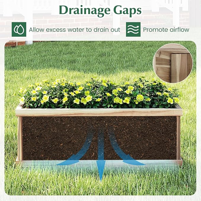Giantex Acacia Wood Raised Garden Bed Rectangular Planter Box w/Drainage Gaps Floor Standing Window Mount for Flower Vegetable Herb Fruit Outdoor Plant Container for Backyard Lawn 36x12x12