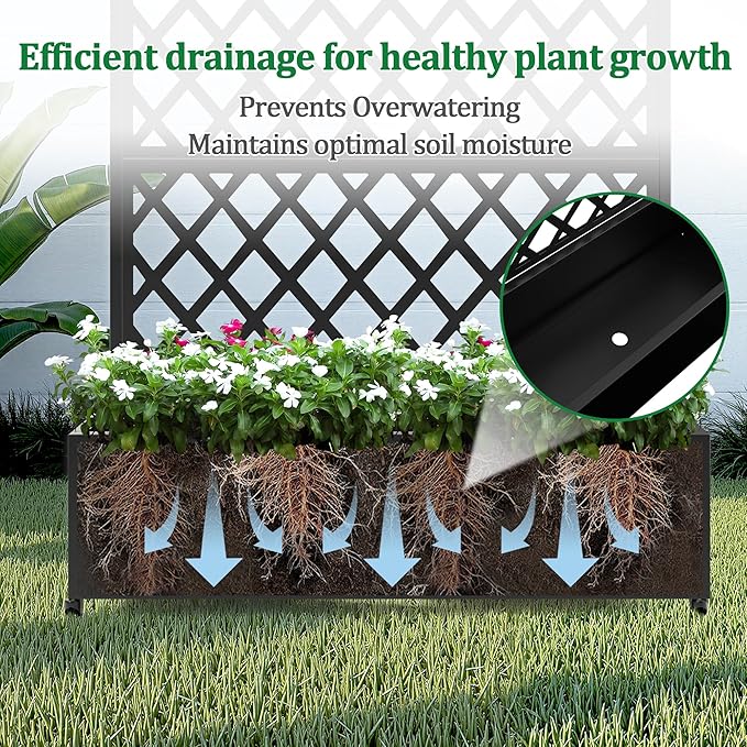 Metal Raised Garden Bed with Trellis and Wheels 2 in 1 Trellis with Planter Box &amp Privacy Screen for Climbing Plants Outdoor Standing Flower Beds with Drainage Holes 35.4L x 15.7W x 70.9H B