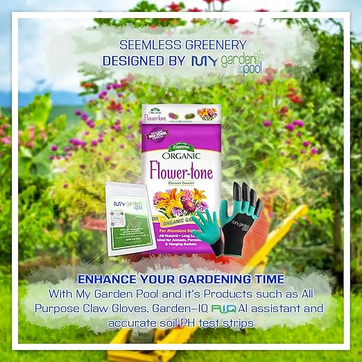 Espoma FT18 Organic Flower-Tone 3-4-5 18 lb. Bag with My Garden Pool PH Soil Test Strips 20 ct and My Garden Pool Superior Gardening Claw Gloves and Garden-IQ Smart Gardening AI Assistant