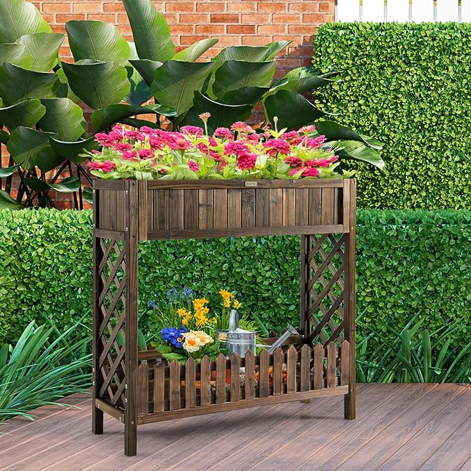 HAPPYGRILL Wooden Raised Garden Bed 2-Tier Elevated Planter Box Stand with Legs Storage Shelf 35.5” Height Carbonized Fir Wood Garden Bed for Vegetable Fruit Herb Flower