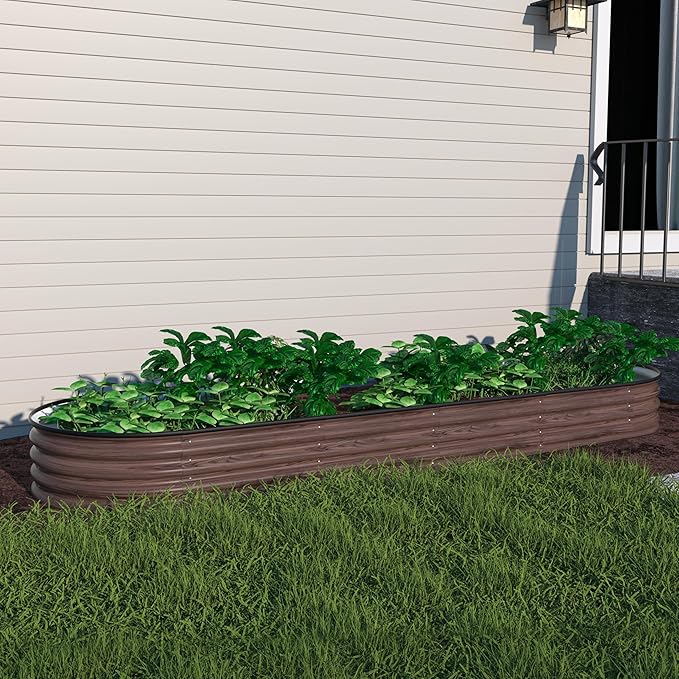 MUPATER 8x2x1 ft Raised Garden Bed Outdoor for Vegetables 9-in-1 Galvanized Metal Planter Box 11.1'' H Modular Garden Bed Kit Oval for Herbs and Flowers Rustic