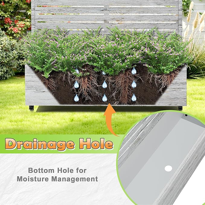 Metal Raised Garden Bed with Trellis 2-in-1 Planter Box &amp Privacy Screen for Climbing Plants Outdoor Standing Flower Bed with Drainage Holes 47.2 L x 16.7 W x 70.8 H White Oak Grain