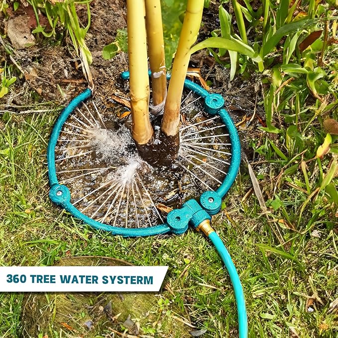 4 Pcs 360° Tree Water System Tree Root Watering Ring 20 Inch Circle Sprinkler Irrigation Slow Release Targeted Water with Y Hose Splitter for New Tree Outdoor Plants Raised Garden Beds (Green Large)