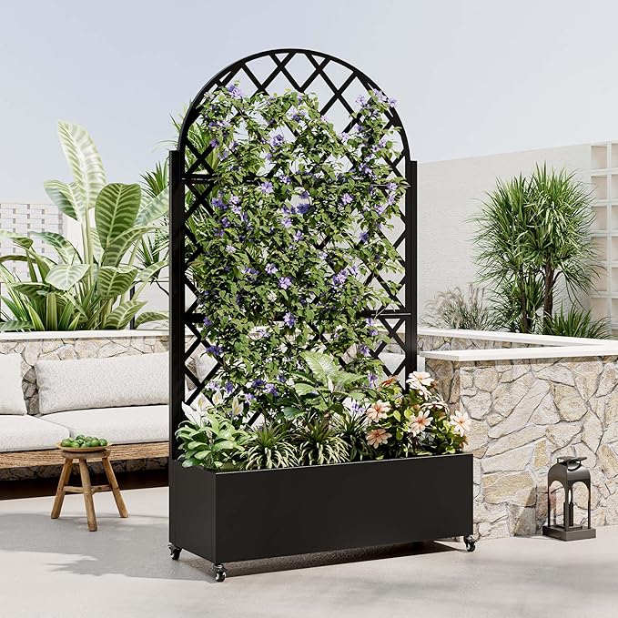 Metal Planter Box with Trellis Privacy Fence with Planter Box Privacy Planters for Patio with Drainage Holes Round Raised Garden Bed with Wheels for Climbing Plants Vegetables (Black+Round+Metal)