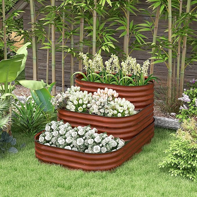 Outsunny 3-Tier Galvanized Steel Raised Garden Bed Kit 62.25 x 43 x 32.25 3 Combining Planter Boxes with Rubber Strip Edging Open Bottom for Backyard Garden Patio Brown