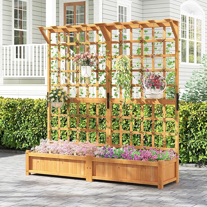 COSTWAY 71” Large Wooden Raised Garden Bed with Trellis and Hanging Roof 2 Planter Boxes 4 Drainage Holes Removable Bottom Plate for Climbing Plants Flowers Outdoor Balcony Planter